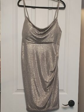 le chateau Metallic Spaghetti Strap Cowl Neck Dress in Champagne Gold